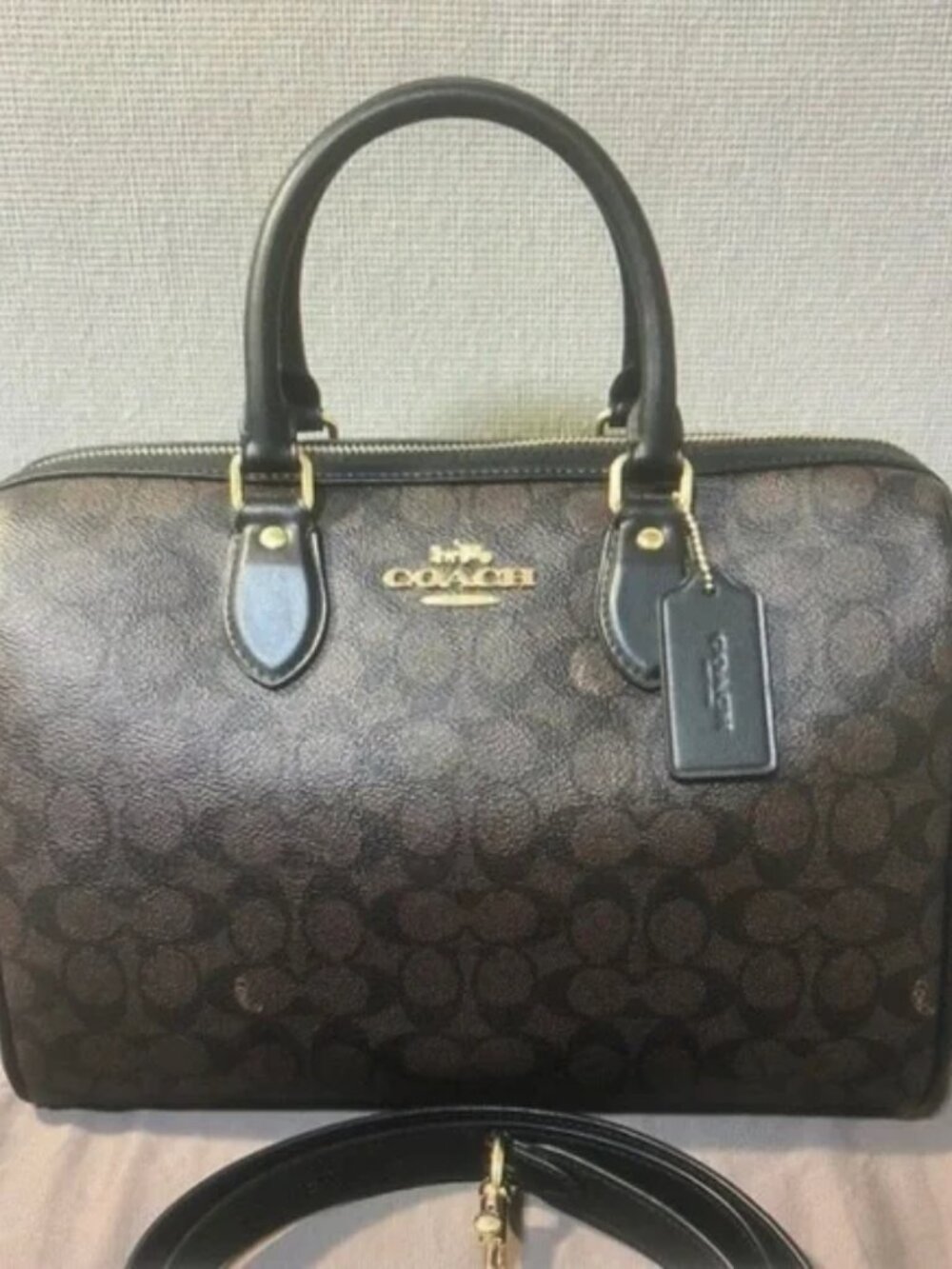 Coach Rowan Satchel Bag In Signature Canvas Walnut Black